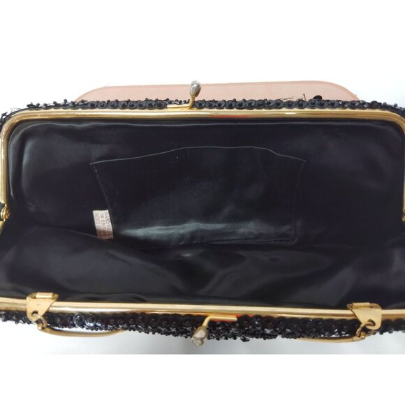 Vintage Black Sequin Clutch With Gold Chain & Mirror Made in British Hong Kong - Picture 6 of 9